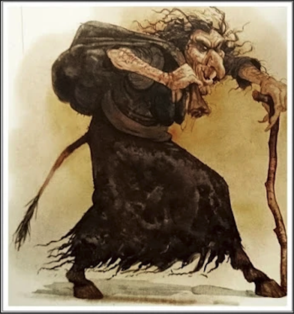 Gryla, an Icelandic Christmas witch, depicted in a drawing carrying a sac and a cane. She has a tail, horns and a hairy face