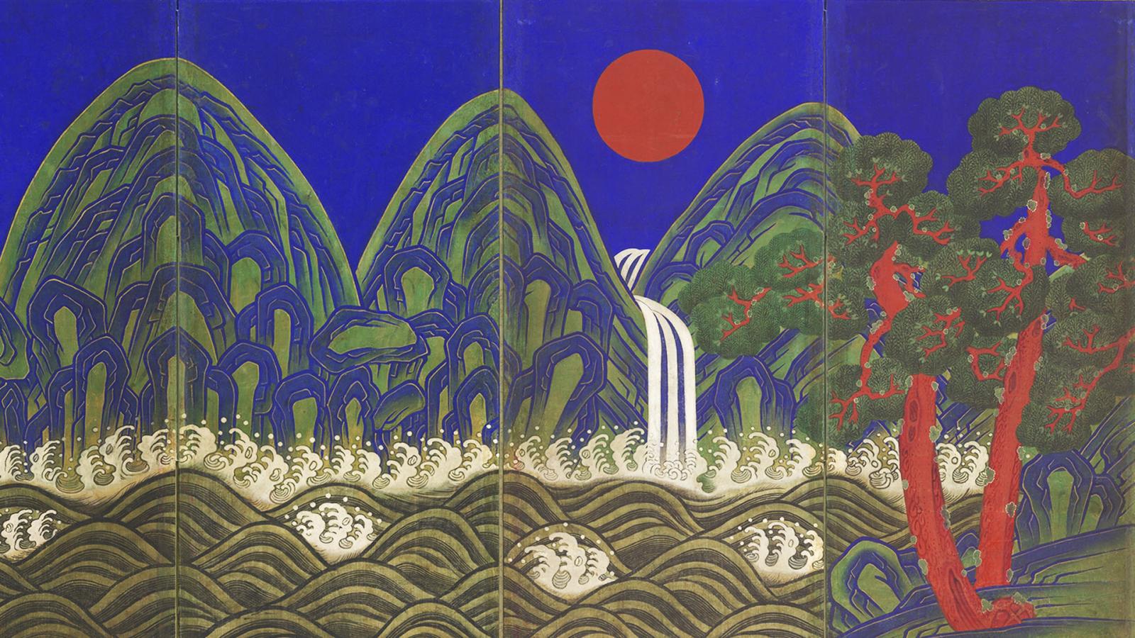 A section of Sun, Moon and Five Peaks, a painting in vivid blues, greens and reds of mountains, trees and the sun on a folding screen.
