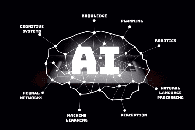 The words AI within a brain shape