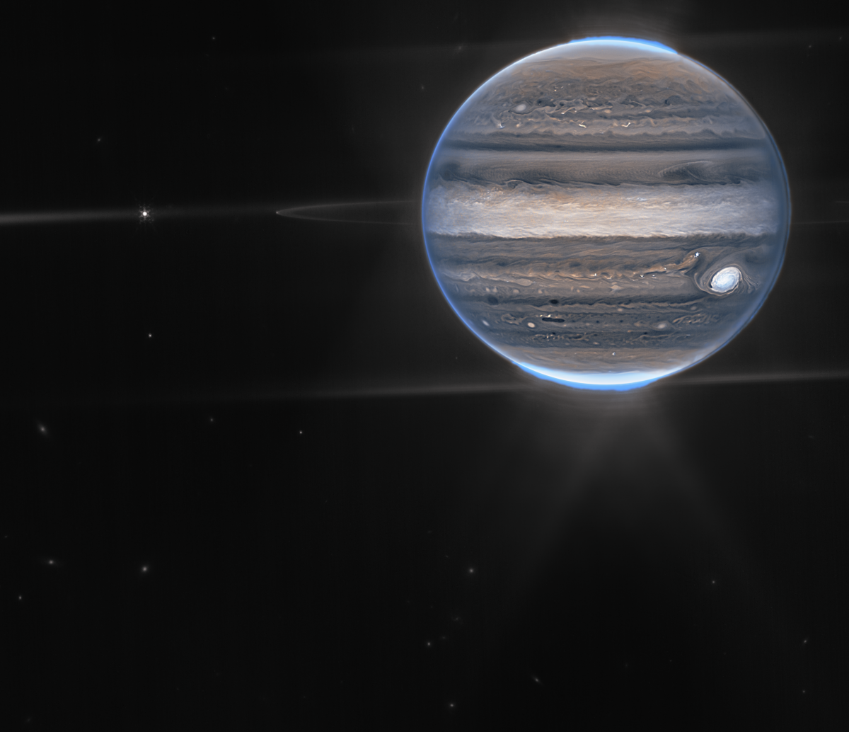An infrared image of Jupiter as photographed by the James Webb Space Telescope.