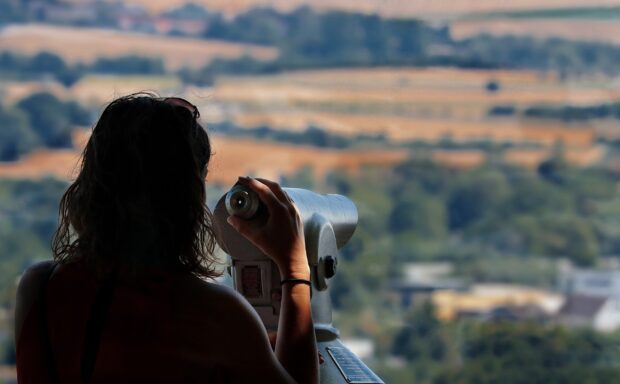 Silhouette of person looking through telescope to a leafy landscape.