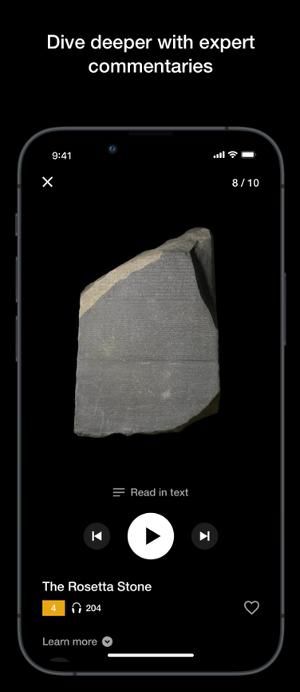Screenshot with black background, an image of the Rosetta Stone and the Audio app control buttons. 