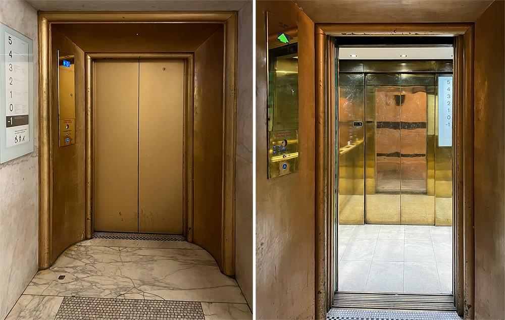 Two photos of a gold-painted lift with button controls on the left. In the first, the doors are closed; in the second, the doors are open, showing the mirrored back of the lift.  