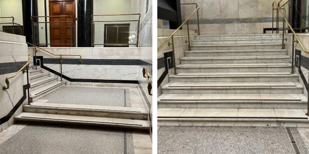 Image on the left shows two steps and a handrail, followed by a square landing with more steps continuing around the corner. The image on the right shows the full flight of ten steps, with handrails on either side. 