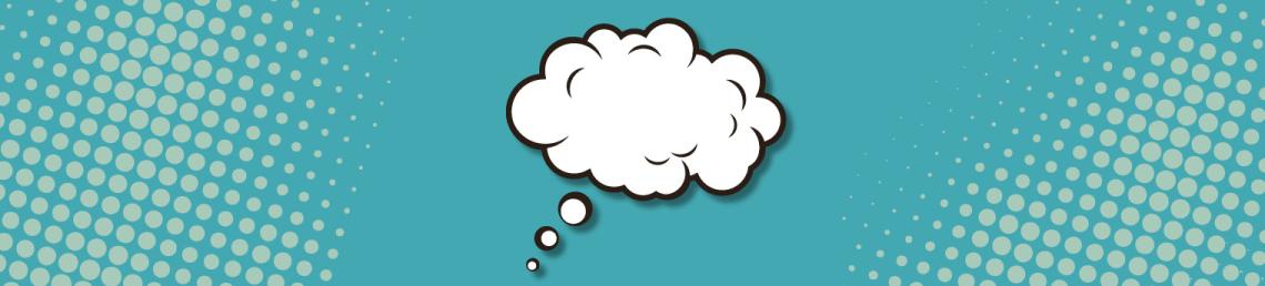 Thin turquoise banner with small light green circles dotted around both corners. A white thought bubble icon is in the centre of the banner. 