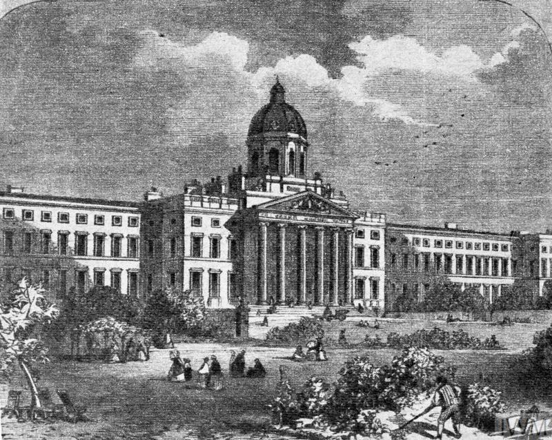A copy of a 19th century print showing the exterior of the Bethlem Royal Hospital at Lambeth Road, London. 