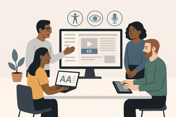 An illustration of a group of people gathered around a desk viewing a computer screen that shows a video with closed captions. Accessibility icons for physical access, vision, and voice are displayed above the screen, and a laptop shows “AA” to represent accessibility standards.