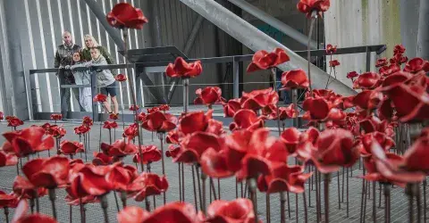 A family admire the Poppies exhibition at IWM North.