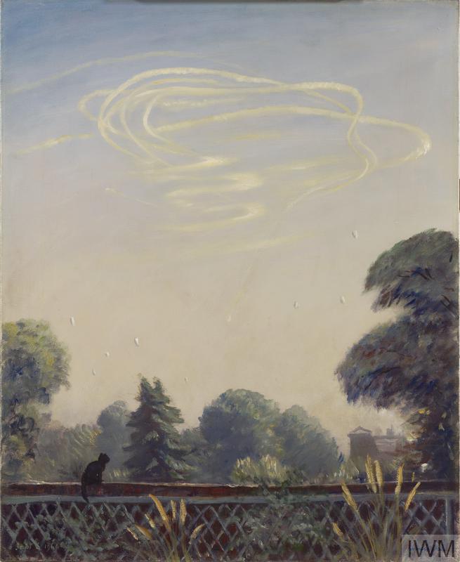 The trails of an aircraft circling in a large expanse of sky.The scene is surveyed from the bottom left corner by a black cat, sitting on a wall.