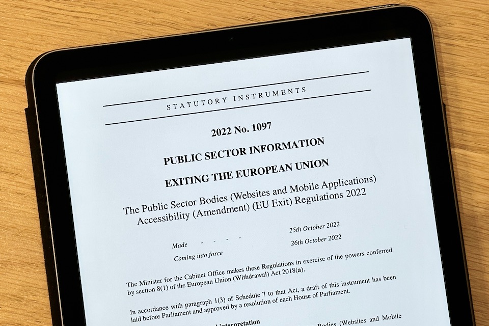 A tablet displaying the Amendment to the Accessibility Regulations,