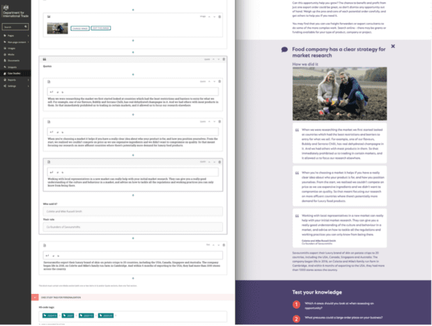 A screenshot of personalisation in action for users on great.gov.uk