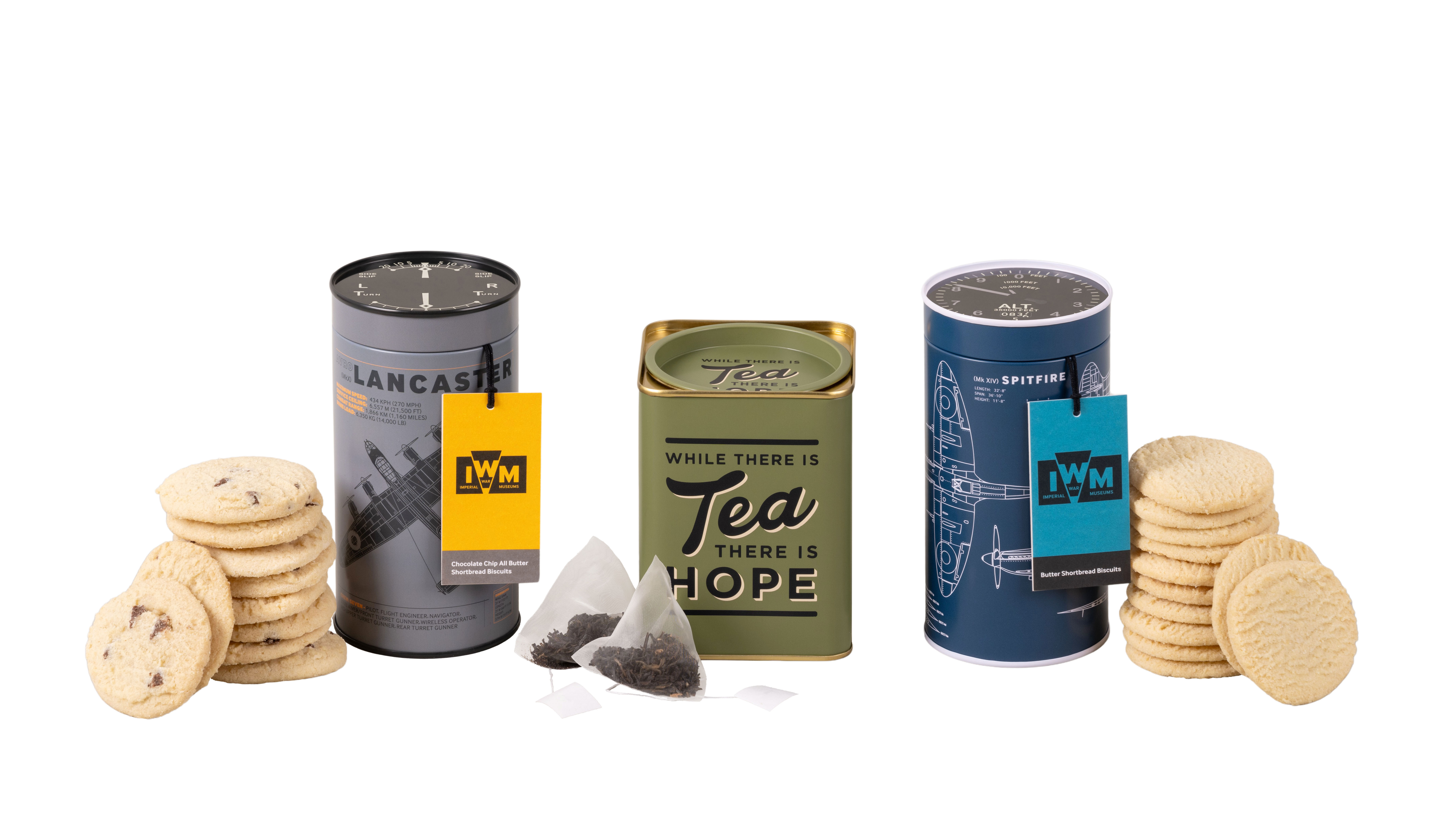 Two tubes of biscuits and a box of tea on a white background. A stack of biscuits is visible on each side of the tubes and two teabags rest in front of the box of tea.