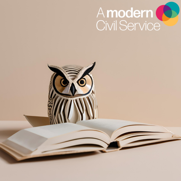 A wooden owl figure sat in front of an open book