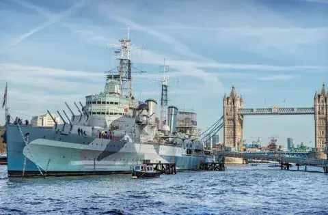 HMS Belfast set against Tower Bridge, London