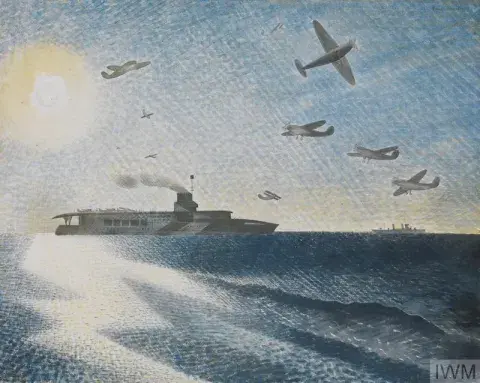A large ship steaming on a calm sea with small aeroplanes flying in the sky above.