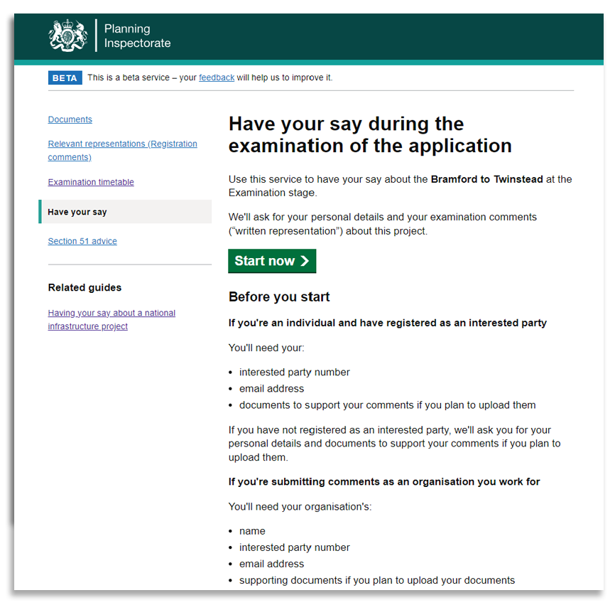 Screenshot of have your say start page