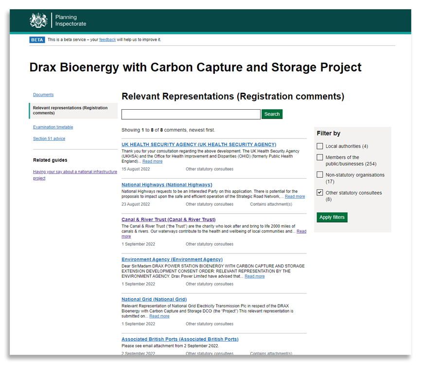 Screenshot of relevant representations page