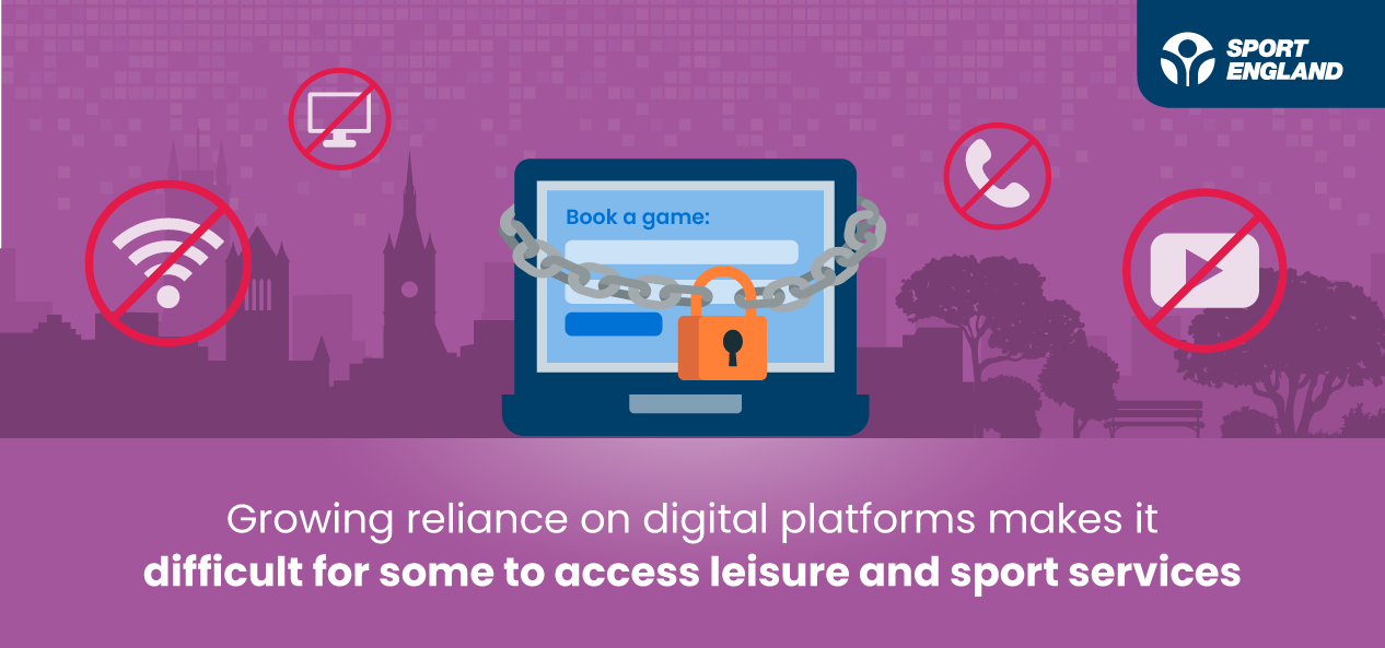 A laptop with a chain and a lock has the words "Book a game" on its screen in the middle of a purple background. The Sport England logo is on the top right corner and the background show the silhouette of buildings, trees and a seating bench. A series of icons (wifi signal, a computer screen, a phone and the YouTube logo) appear inside red circles crossed with a line. At the bottom, white copy reads: "Growing reliance on digital platforms makes it difficult for some to access leisure and sport services."