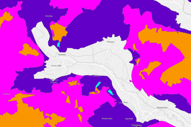 A portion of a map overlaid with different coloured layers to show different types of land