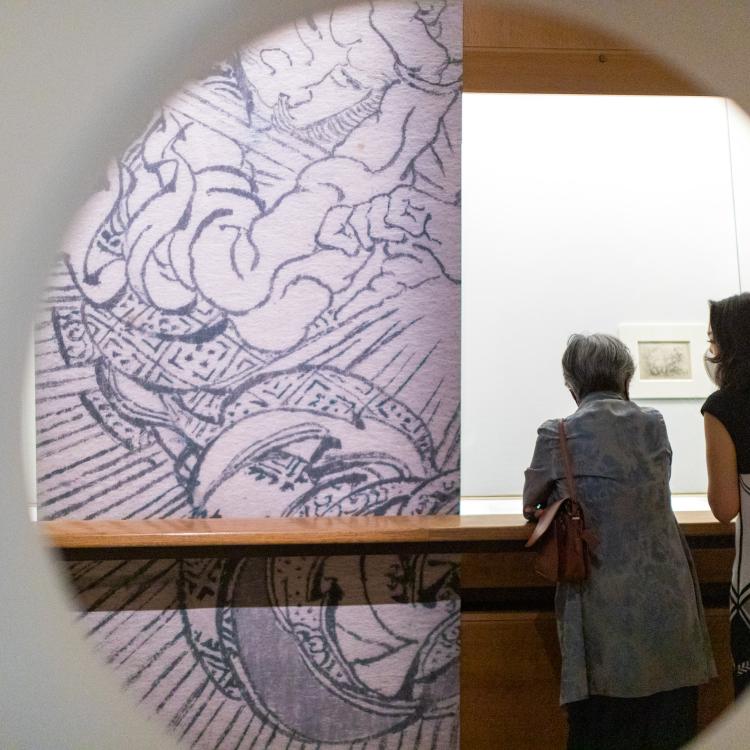 Two visitors in a gallery at the British Museum looking at a display.