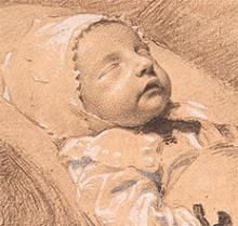 Graphite and black chalk drawing of a dead child.
