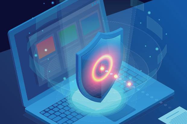 Graphic of a laptop computer with a glowing shield superimposed in front of the screen