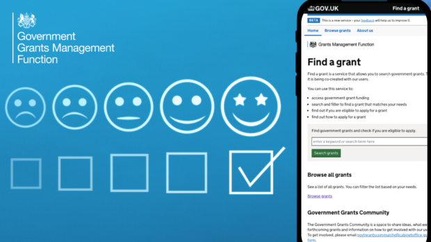 On the left of the image there is a series of faces from sad to happy with a tickbox under each. And on the left a mobile phone with the pilot Find a Grant service home page on it