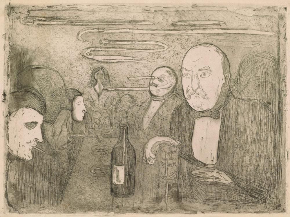 A group of people in a smokey bar, some are smoking or drinking alcohol