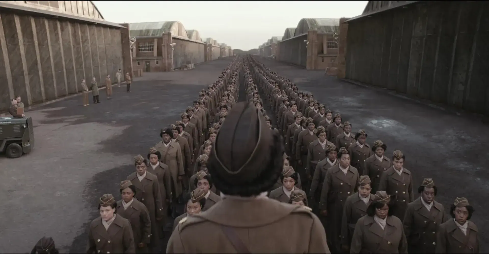 Rows of Women's Army Corps unit stood in line on location at IWM Duxford.
