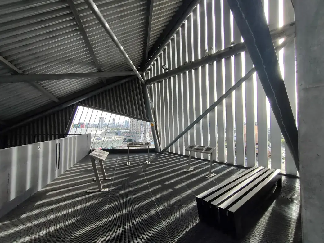 Top of the AirShard at IWM North showing industrial aluminium structure and viewing point. 