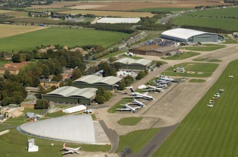 Aerial shot of IWM Duxford museum and airfield.
