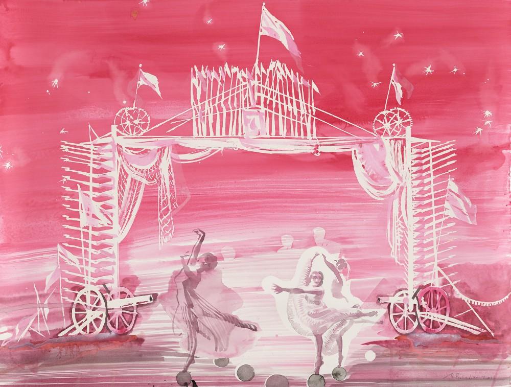 Watercolour of ballerinas, cannons and a city gate