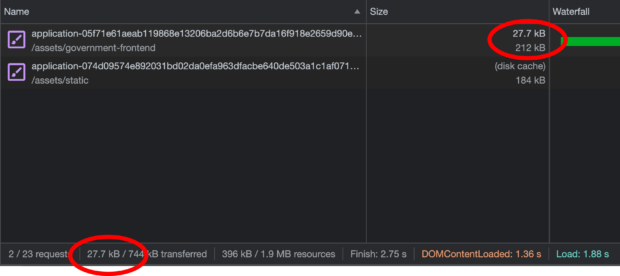 Screenshot of the Chrome DevTools network panel. The entire application stylesheet (27.7 kB gzipped) is shown to be redownloaded following a small style change to the contents list component stylesheet