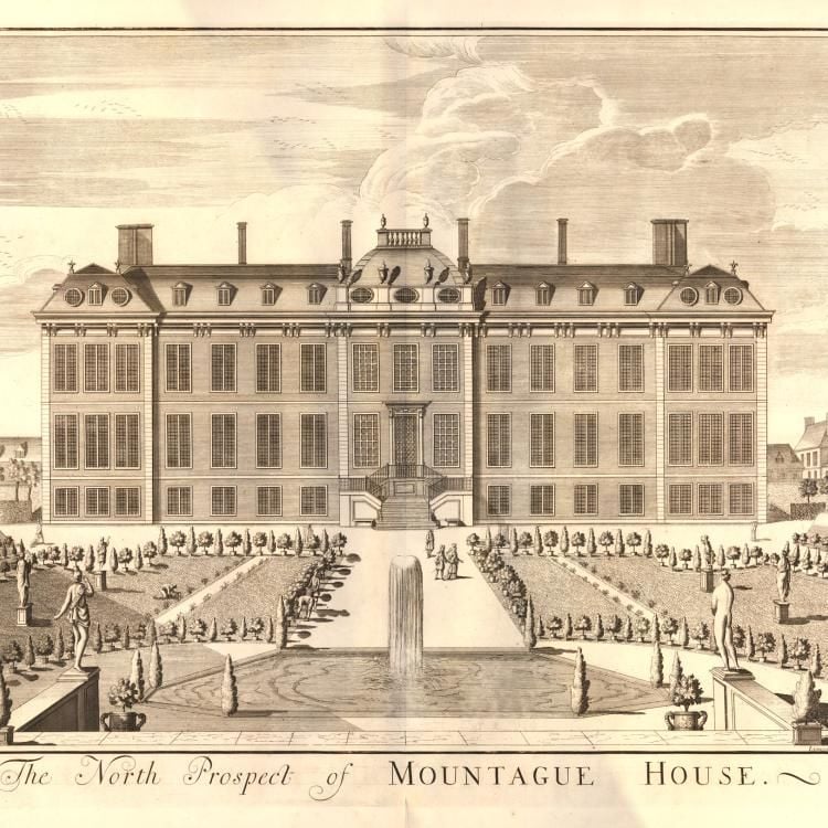 Facade of Montagu House, looking across the forecourt, later the British Museum; a fountain in foreground, statues, shrubbery and lawned areas in forecourt; state before publication line. c.1715 Etching and engraving