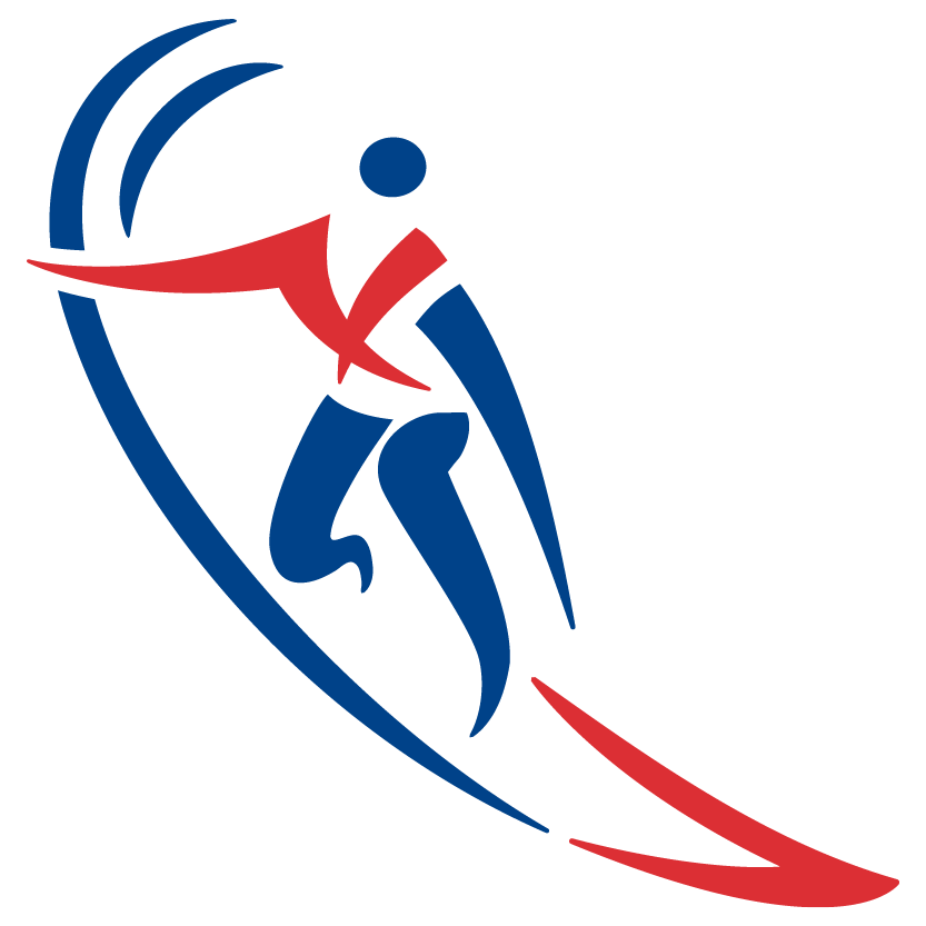 Icon depicting athlete surfing in red and blue