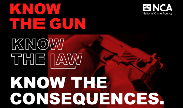 Image of a firearm with text: 'Know the gun, know the law, know the consequences.'