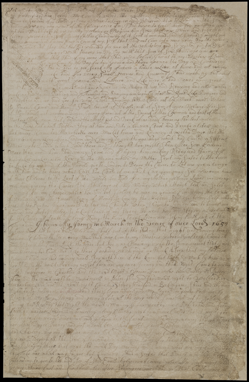 An image showing 'Barlow Journal - Page 21 - Leaf 5 Recto - Barlow Seeks Out To Seek His Fortune'