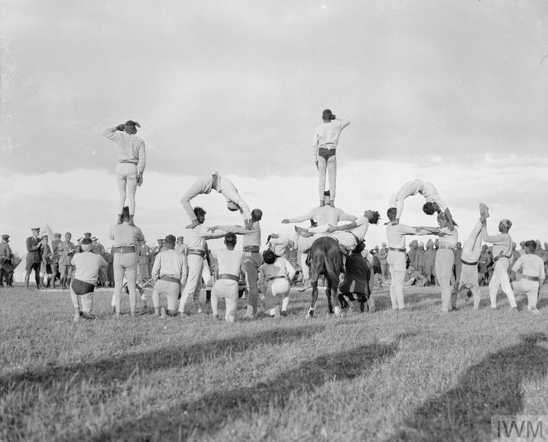 Indian troops giving a gymnastic display.