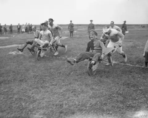 British troops competing in a wheelbarrow race in Salonika. 