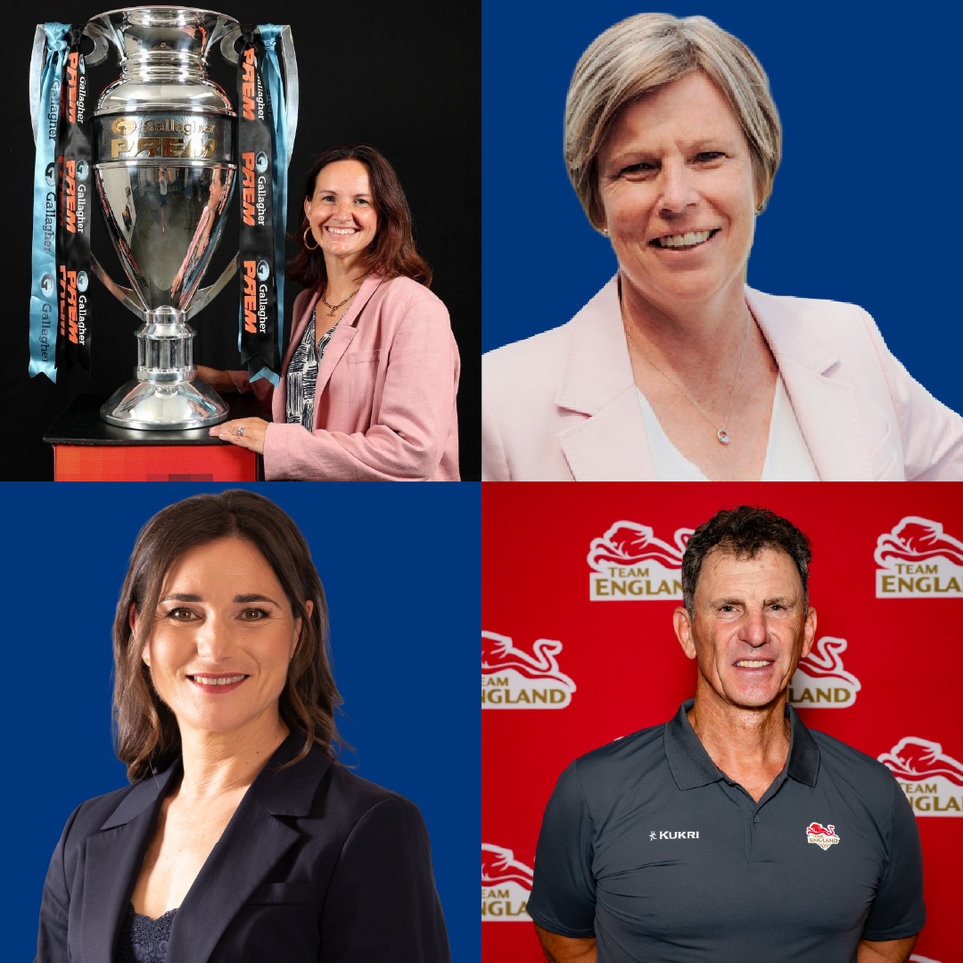 A four-panel collage featuring four professional portrait photographs. In the top-left panel, a person in a pink blazer stands beside a large silver Gallagher Premiership Rugby trophy against a black background. The top-right panel shows a head-and-shoulders portrait of a person in a light-coloured blazer against a blue background. The bottom-left panel shows a head-and-shoulders portrait of a person in a dark blazer against a blue background. The bottom-right panel shows a person wearing a Team England polo shirt standing in front of a red backdrop displaying repeated Team England logos.
