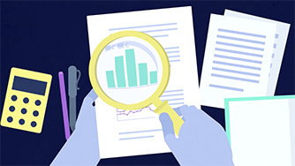 Magnifying glass looking at data on a document