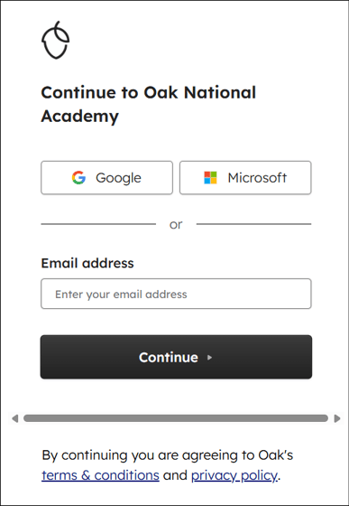 Example sign in box for email address, Google or Microsoft sign in