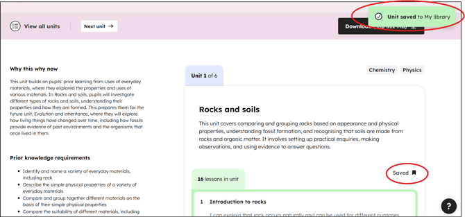 Example of Saved unit icon and message (Unit saved to My library) in the science unit: Rocks and soils