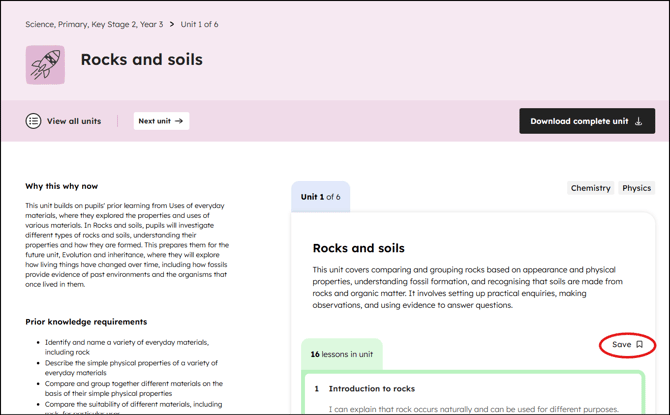 Example of the save unit in my library position and icon on a unit page: science Rocks and soils