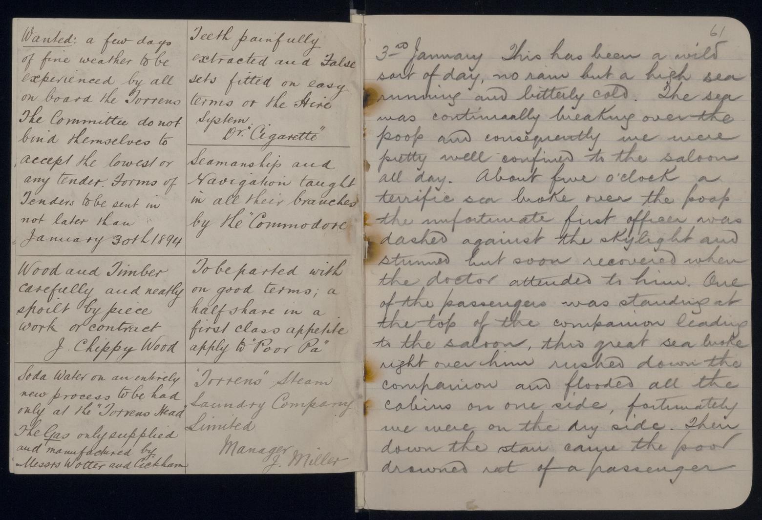 An image showing 'JOD/78; Diary of Mrs Margaret Colquhoun Macgillivray on a voyage on the TORRENS Clipper, London to Adelaide 1893. 1893'
