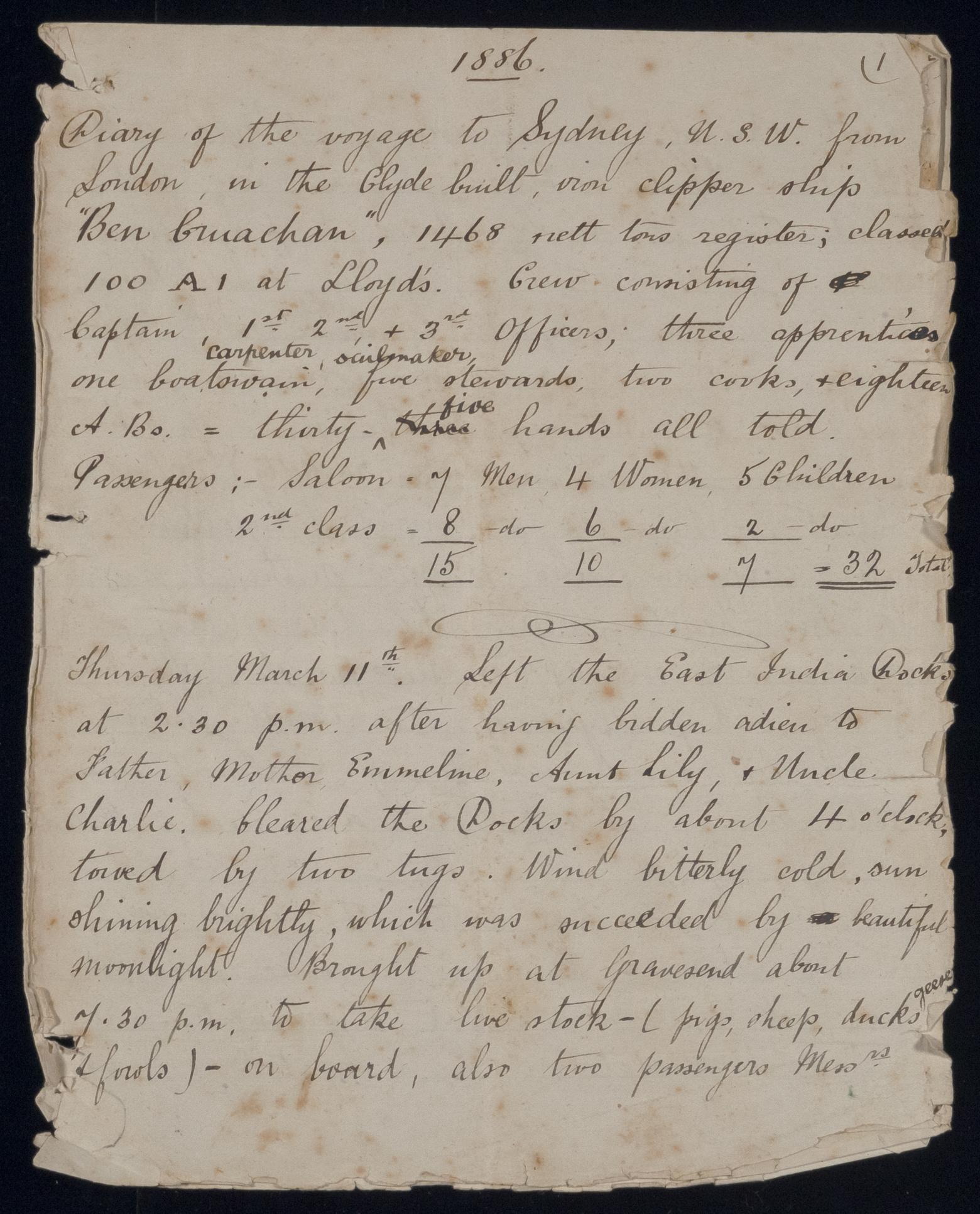 An image showing 'JOD/82; Journal of Samuel William Pring, passenger, on board the BEN CRUACHAN, London to Sydney, March-June 1886. 1886-03-11 - 1886-06-11'