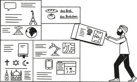 Illustration of a teacher placing a building block in a stack of blocks meant to demonstrate the building of a curriculum from lots of different parts