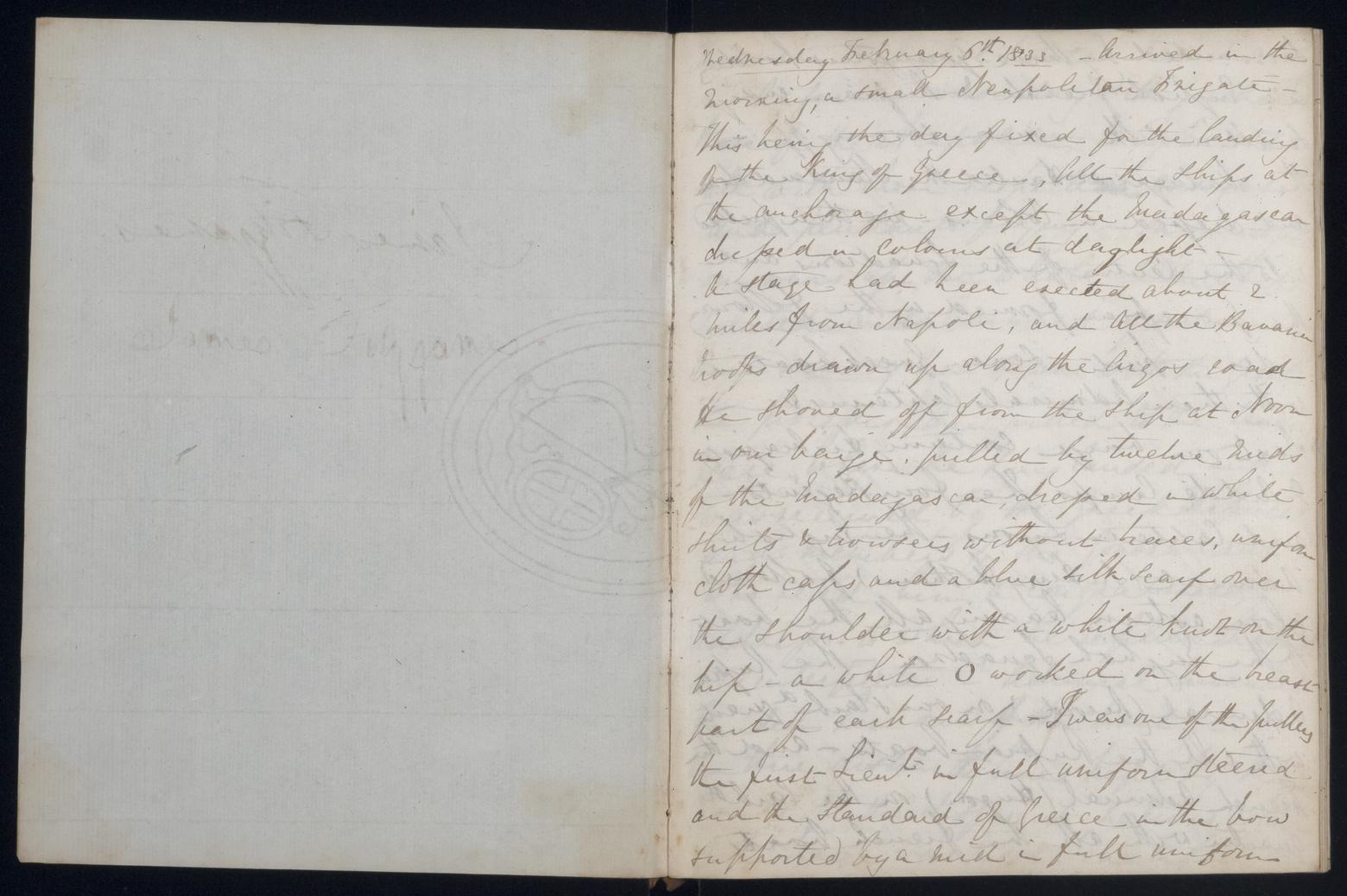 An image showing 'JOD/86; Captain James Fitzjames, Diary of Mid James Fitzjames HMS MADAGASCAR and HMS ST VINCENT, his return home and posting to the WINCHESTER, February 1833 - October 1834. 1833-02-01 - 1834-10-31'