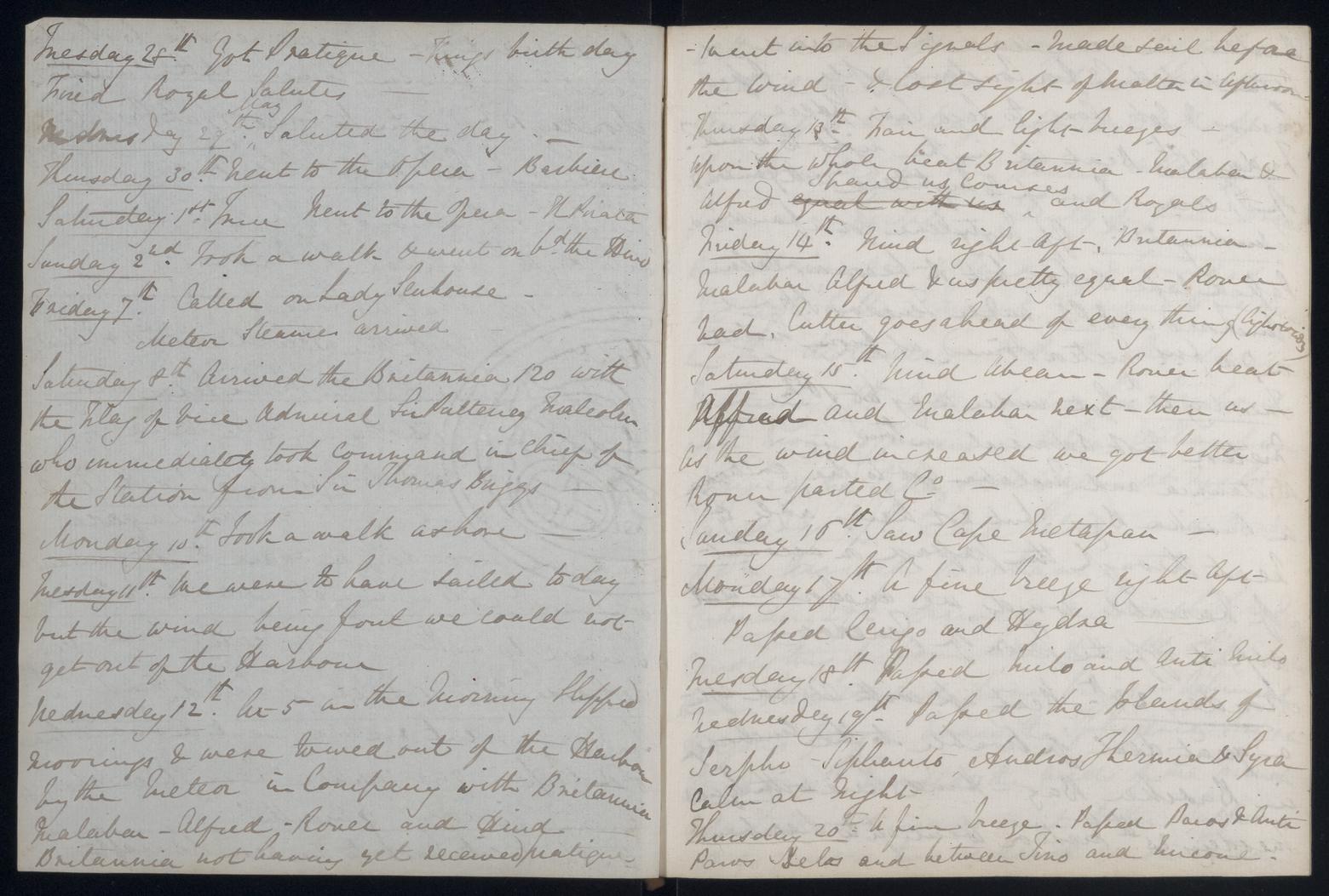 An image showing 'JOD/86; Captain James Fitzjames, Diary of Mid James Fitzjames HMS MADAGASCAR and HMS ST VINCENT, his return home and posting to the WINCHESTER, February 1833 - October 1834. 1833-02-01 - 1834-10-31'