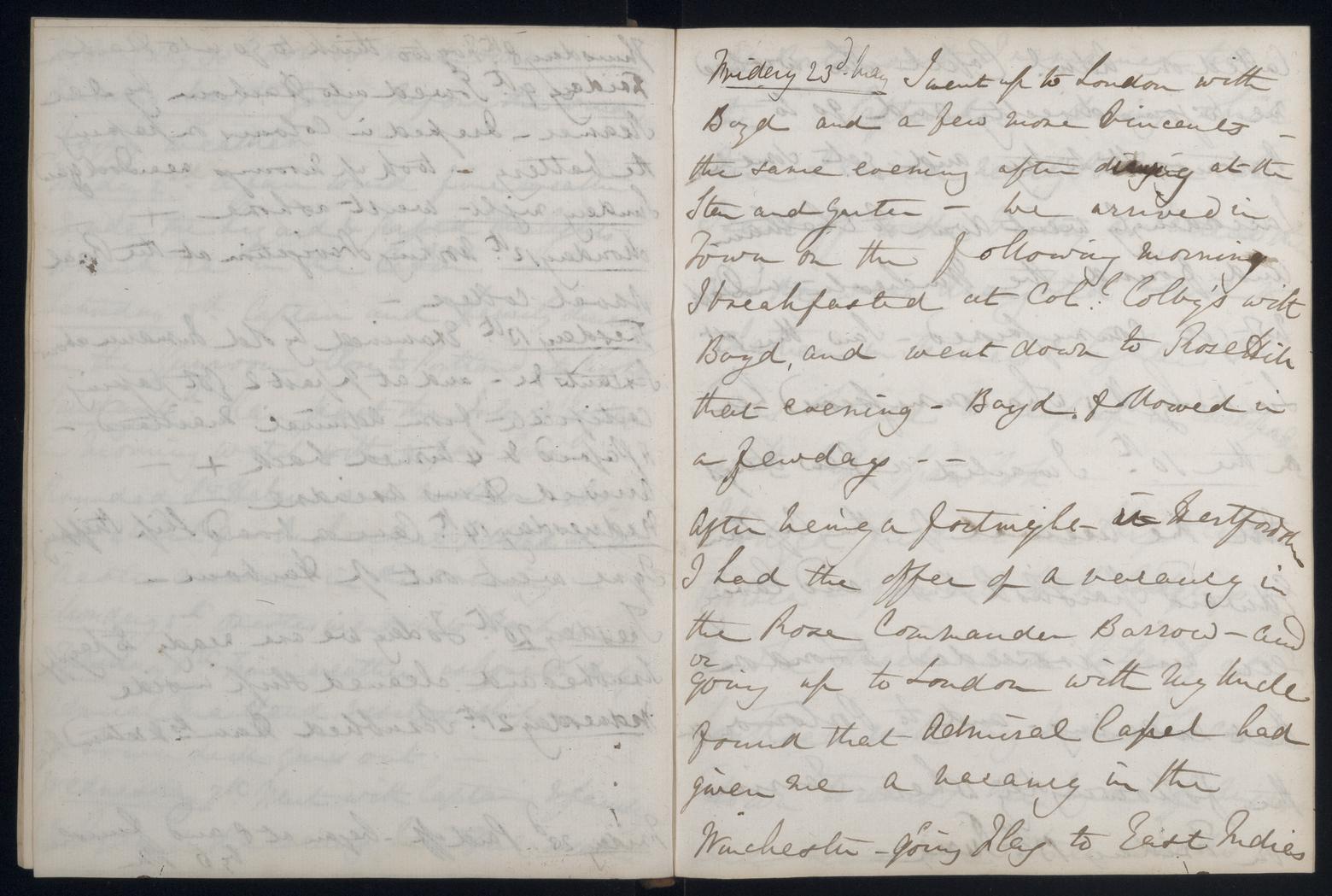 An image showing 'JOD/86; Captain James Fitzjames, Diary of Mid James Fitzjames HMS MADAGASCAR and HMS ST VINCENT, his return home and posting to the WINCHESTER, February 1833 - October 1834. 1833-02-01 - 1834-10-31'